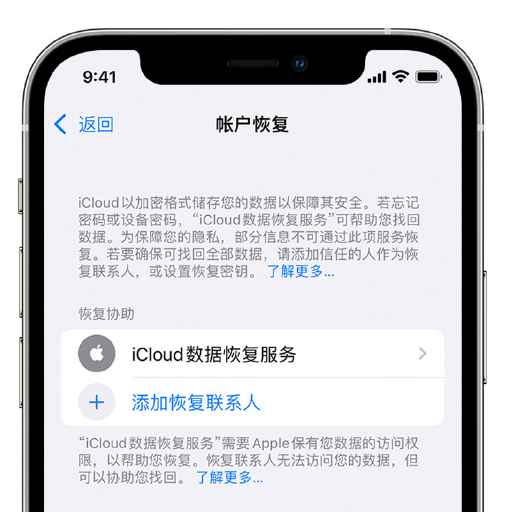 九台苹果手机维修分享在 iPhone 上设置帐户恢复联系人的方法 