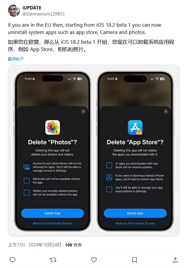 九台苹果手机维修分享iOS 18.2 支持删除 App Store 应用商店 