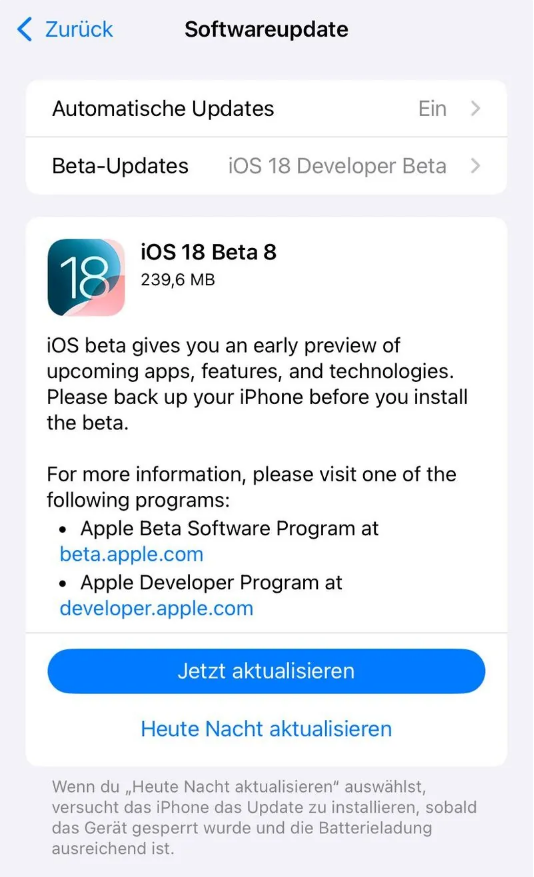 九台苹果手机维修分享苹果 iOS / iPadOS 18 开发者预览版 Beta 8 发布 